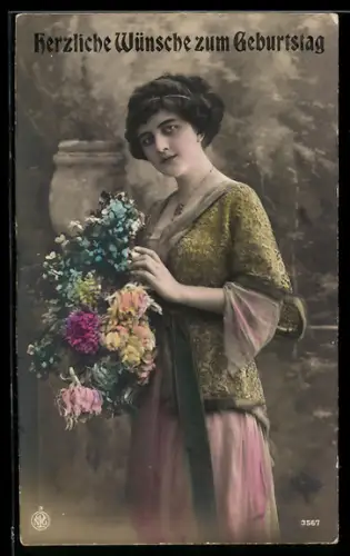 Foto-AK NPG Nr. 3567: Junges Mädchen mit bunten Blumen, Geburtstagsgruss