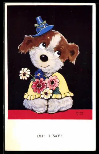 AK Hund mit Hütchen und Blumen, vermenschlichte Tiere