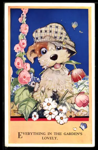 AK Hund mit Hut und Blumen, vermenschlichte Tiere