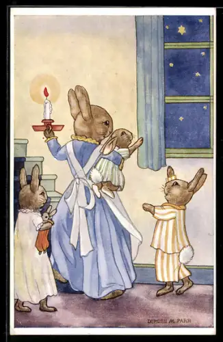 Künstler-AK sign. Doreen M. Parr: Häsin bringt ihre Kinder zu Bett