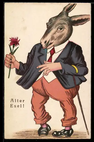 AK Alter Esel mit einer Blume, vermenschlichte Tiere