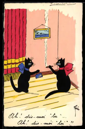AK Kater mit Zigarre und Katze, vermenschlichte Tiere
