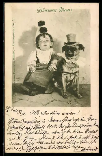 AK Kleines Kind mit seinem Hund, vermenschlichte Tiere