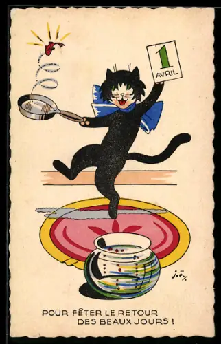 AK Tanzender Kater mit Fisch in der Pfanne, 1. April, vermenschlichte Tiere