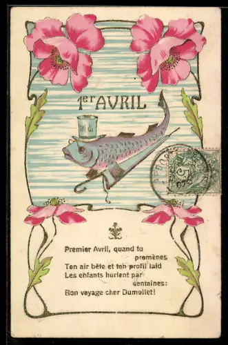 Präge-AK Fisch mit Zylinder und Regenschirm, 1. April, vermenschlichte Tiere