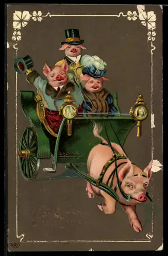 Präge-AK Schweine mit Schweinegespann, Neujahrsgruss, vermenschlichte Tiere