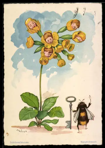 AK Kinder in Schlüsselblumen und Hummel, vermenschlichte Tiere