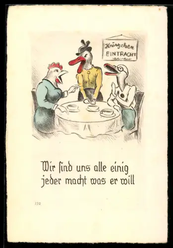 AK Huhn und Gänse beim Kaffeekranz, vermenschlichte Tiere