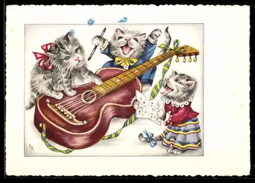 AK Drei Katzen musizieren, vermenschlichte Tiere