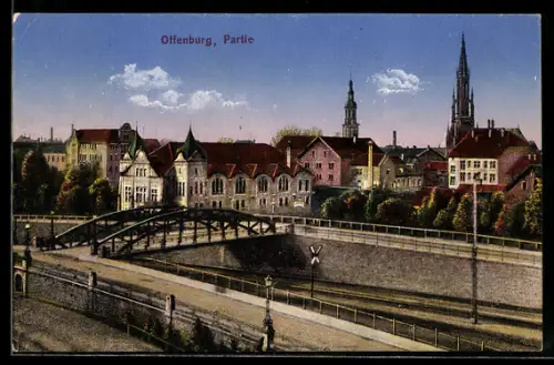 AK Offenburg, Teilansicht mit Brücke über die Eisenbahnstrecke