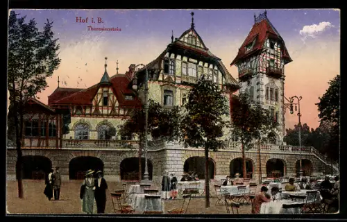 AK Hof, Gasthaus Theresienstein mit Gästen