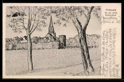 Künstler-AK Pritzwalk, An der alten Stadtmauer