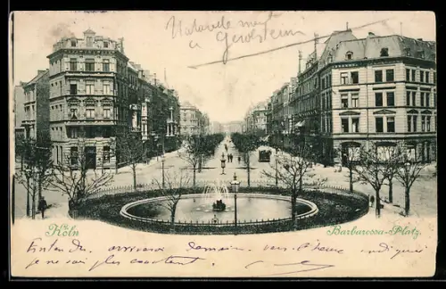 AK Köln-Neustadt, Barbarossa-Platz mit Springbrunnen, Ochsenmetzgerei