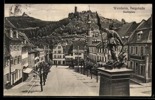 AK Weinheim, Bergstrasse mit Gasthaus und Blick zur Ruine