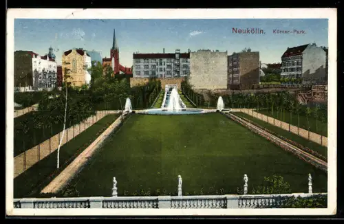 AK Berlin-Neukölln, Körner-Park, Im Hintergrund Kirche