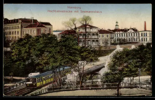 AK Hamburg, Hochbahnstrecke mit Seemannshaus, Strassenbahn