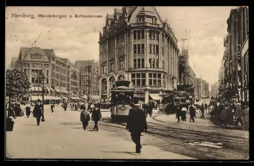 AK Hamburg, Mönckebergstrasse und Rathausstrasse mit Strassenbahnen