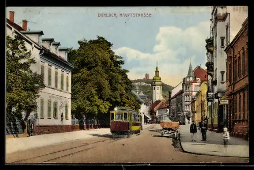 AK Durlach, Hauptstrasse mit Postamt Strassenbahn