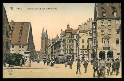 AK Nürnberg, Königstrasse mit Lorenzkirche, Strassenbahn