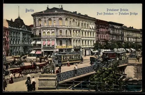 AK Berlin-Tiergarten, Potsdamer-Brücke mit Geschäften und Strassenbahn