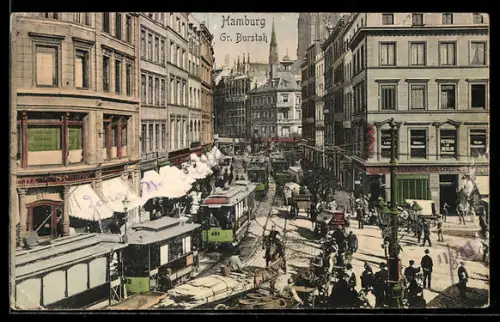 AK Hamburg, Blick auf den Grossen Burstah mit Strassenbahnen