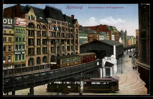 AK Hamburg, Strassenbahn am Hochbahnhof Rödingsmarkt