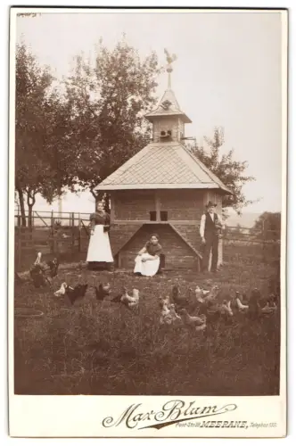 Fotografie Max Blum, Meerane, Poststr. 59, Ansicht Meerane i. S., Hühnerbauern mit Hühnerhaus und Truthahn im Gehege