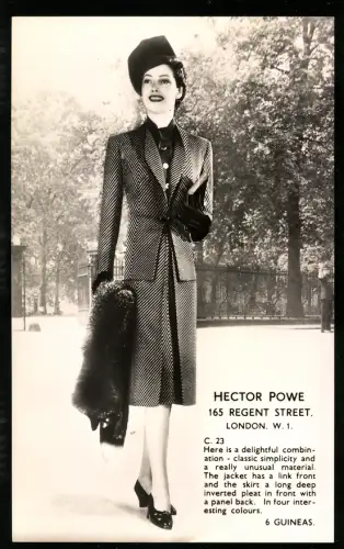 Fotografie unbekannter Fotograf und Ort, Hector Powe, Elegante Dame in stilvoller Kleidung mit Handtasche