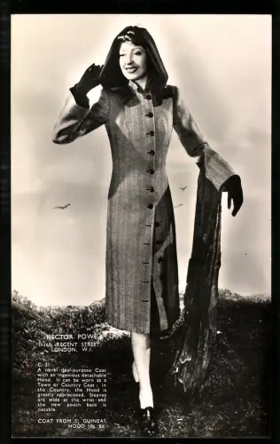 Fotografie unbekannter Fotograf und Ort, Hector Powe, Elegante Dame mit stilvollem Mantel mit Kapuze