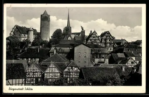 AK Schlitz, Blick auf Burgen und Fachwerkhäuser