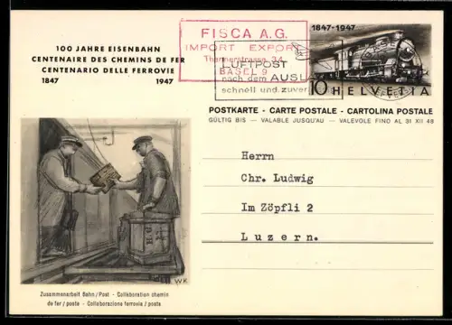 AK 100 Jahre Eisenbahn 1847-1947, Zusammenarbeit Bahn /Post, Paketübergabe