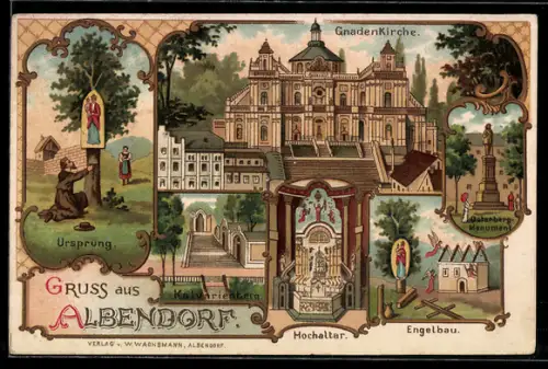 Lithographie Albendorf, Engelbau, Hochaltar, Gnadenkirche