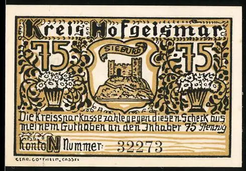 Notgeld Hofgeismar, 75 Pfennig, Carlshafen a. d. Weser mit Burg Sieburg und Ehemaligem Packhaus /Altes Rathaus