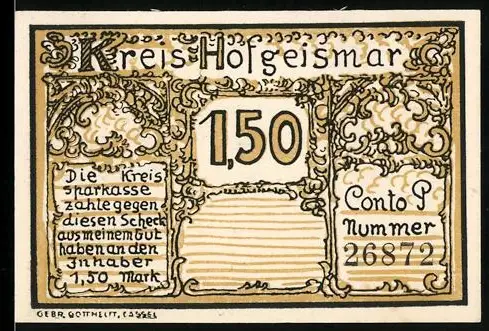 Notgeld Hofgeismar, 1,50 Mark, Schloss Wilhelmsthal
