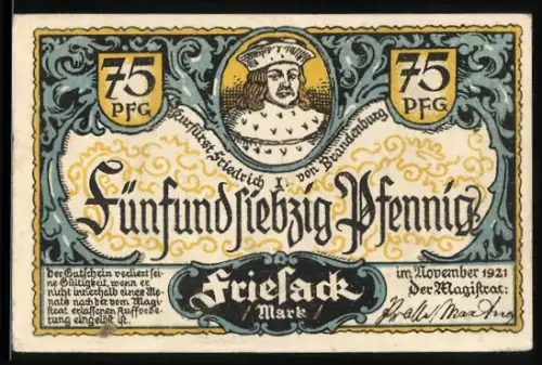 Notgeld Friesack /Mark 1921, 75 Pfennig, Friedrich von Brandenburg und Raubritter-Überfall auf reisende Kaufleute