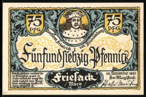 Notgeld Friesack /Mark 1921, 75 Pfennig, Friedrich von Brandenburg und Burg Friesack im Dreissigjährigen Krieg