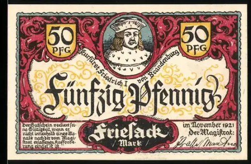 Notgeld Friesack /Mark 1921, 50 Pfennig, Friedrich I. von Brandenburg, ländliche Ernteszene mit Bauern und Pferd