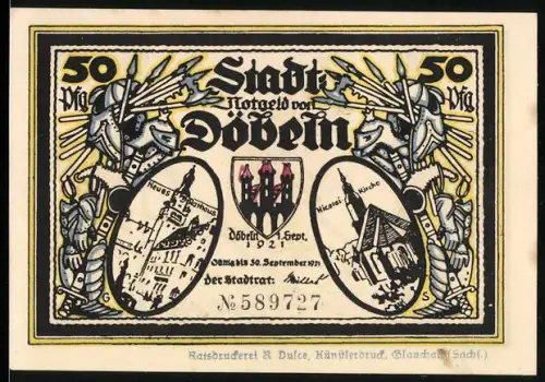Notgeld Döbeln 1921, 50 Pf., Neues Rathaus und Nikolaikirche, Ritterszene mit Entführung