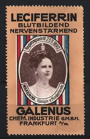 Reklamemarke Frankfurt a. M., Galenus, Leciferrin, Königin Wilhelmina v. Niederlande