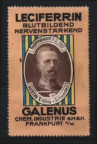 Reklamemarke Frankfurt a. M., Galenus, Leciferrin, Porträt Gustav V von Schweden