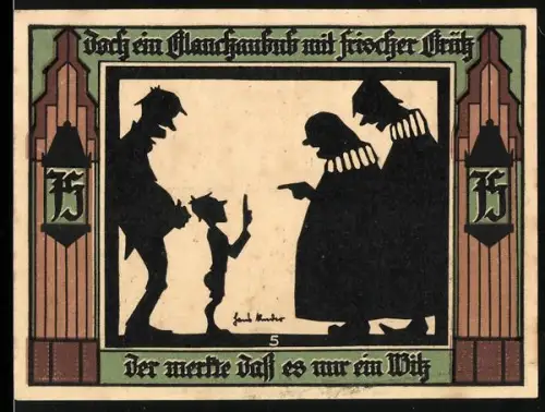Notgeld Glauchau 1921, 15 Pfennig, Scherenschnitt-Szene und Stadtwappen