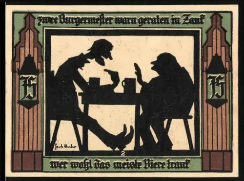 Notgeld Glauchau 1921, 15 Pfennig, Silhouetten beim Biertrinken, Stadtwappen und Turm
