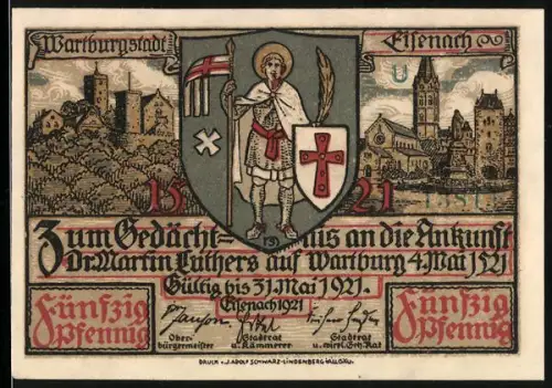 Notgeld Eisenach 1921, 50 Pfennig, Wartburg und Martin Luther
