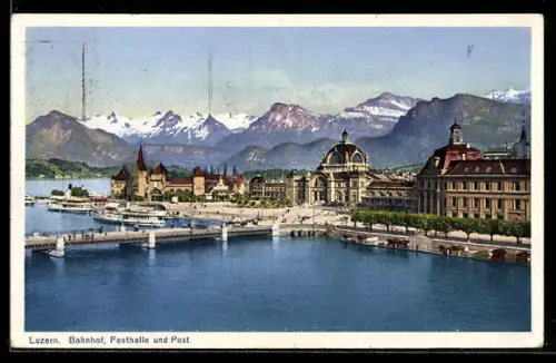 AK Luzern, Bahnhof, Festhalle und Post