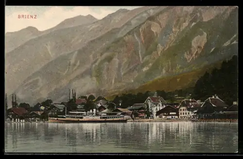 AK Brienz, Dorf am See mit Dampfschiff und Bergkulisse