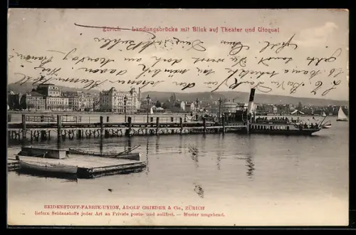 AK Zürich, Landungsbrücke mit Blick auf Theater und Utoquai