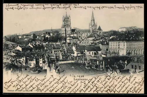 AK Lausanne, Stadtansicht mit Kathedrale und Seeufer