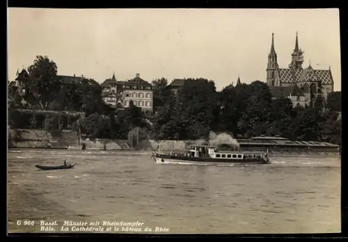 AK Basel, Münster mit Rheindampfer