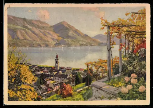 Künstler-AK Ascona, Veduta del paese con campanile e pergolato