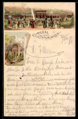 Lithographie Interlaken, Kursaal und Ruine Unspunnen